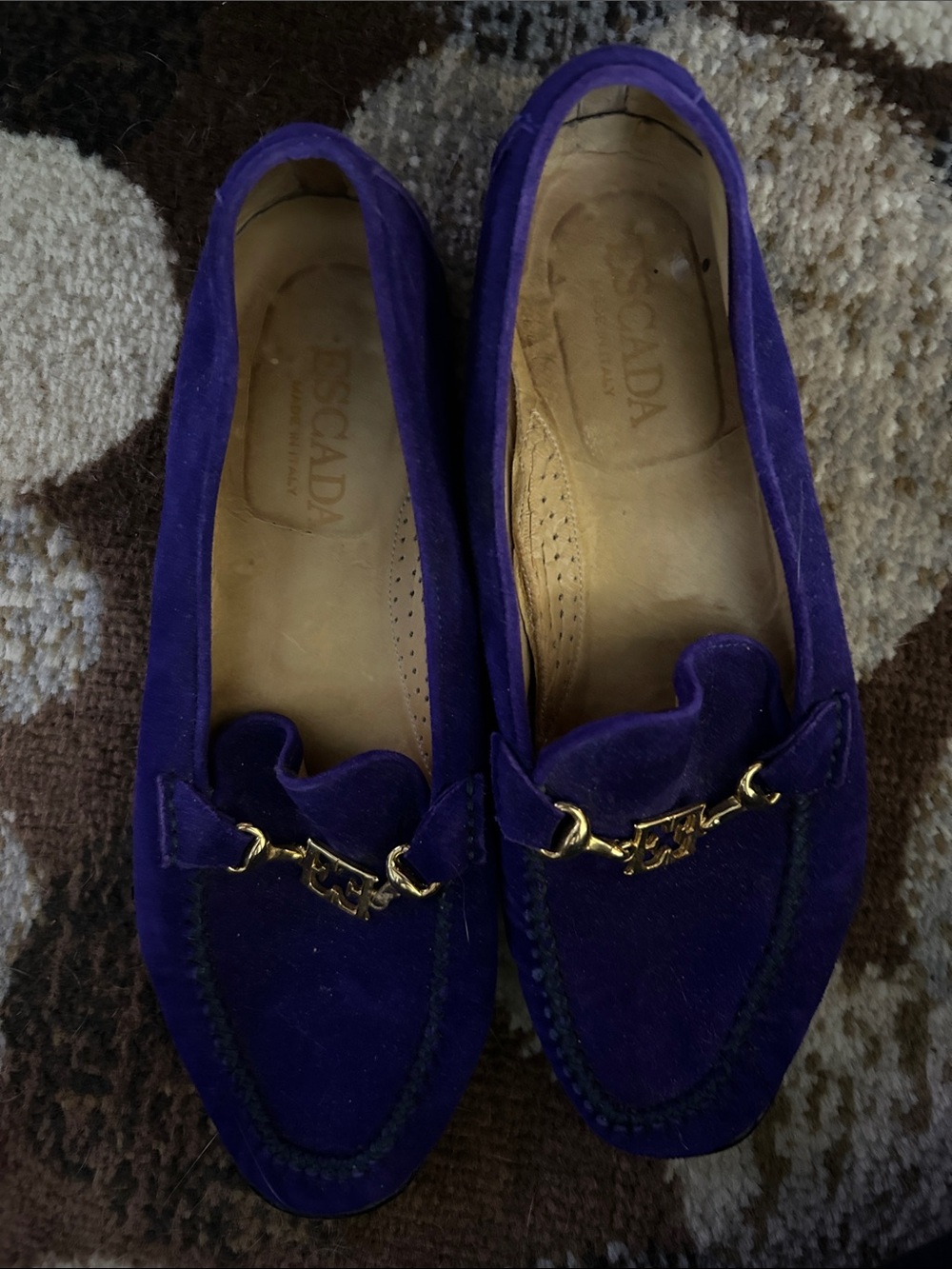 Escada Deep Purple Suede Loafers with Gold Hardware